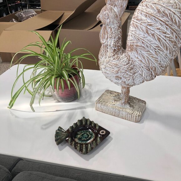 Vintage Ceramic Fish Ashtray Green Brown Glaze Mid Century Modern Home Decor - Picture 2 of 5